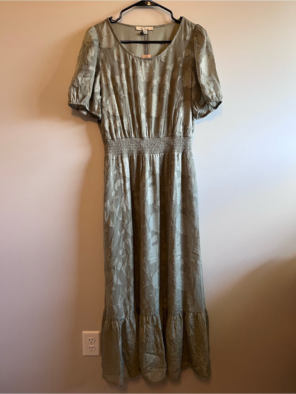 Les Serein Sage Green Floral Dress with Smocked Waist
